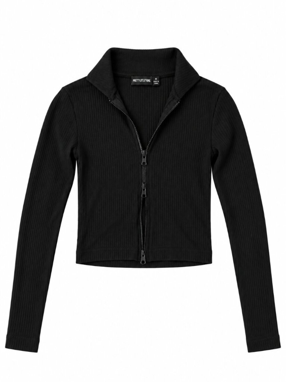 PrettyLittleThing Black Ribbed & Cropped Long Sleeve Double Zip Top – US 6